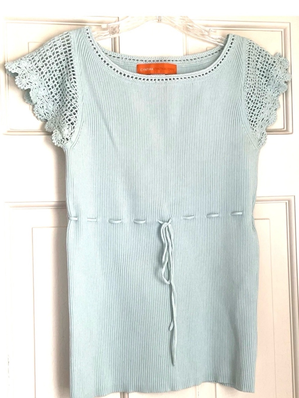 Cynthia Rowley Light Blue Knit Dress with Crochet Sleeves Size Medium